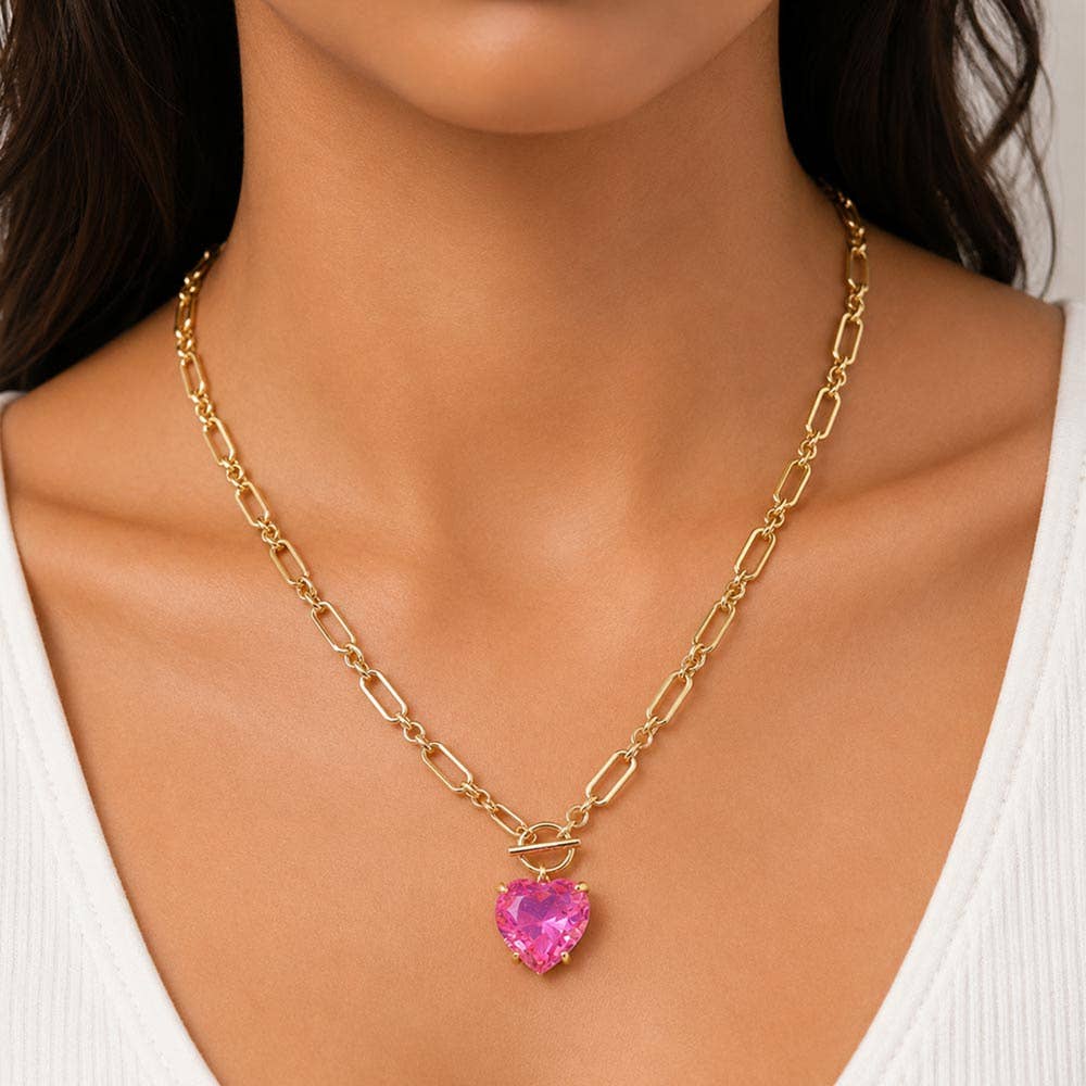 Chunky Heart Stone Cluster Toggle Pendant Necklace: Fuchsia,Neon