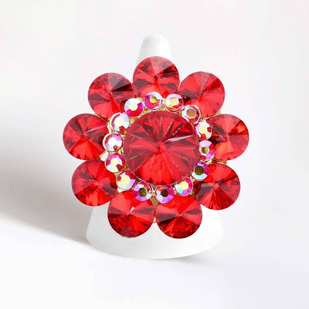 Round Crystal Flower Stretch Ring: Pink&Green
