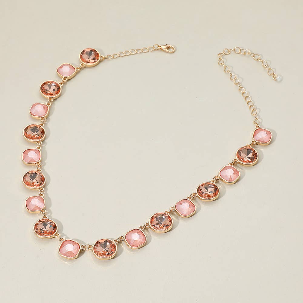 Round Square Stone Bezel Cluster Link Necklace: Light Pink