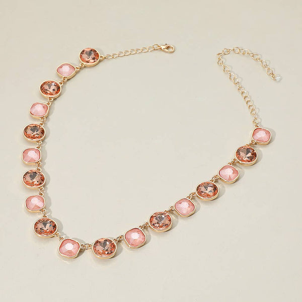 Round Square Stone Bezel Cluster Link Necklace: Light Pink