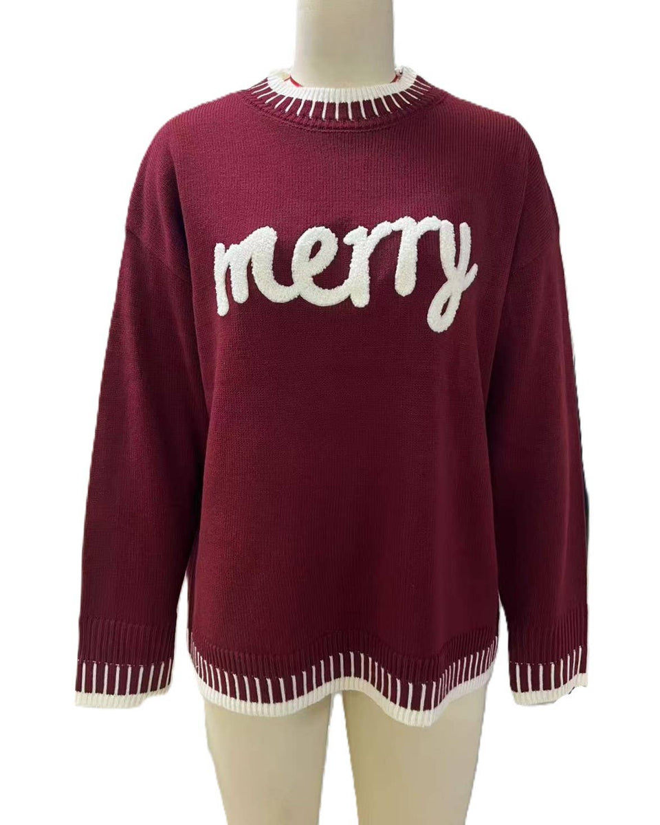 Merry Christmas Contrast Stitch Knit Sweater: RoseRed / M