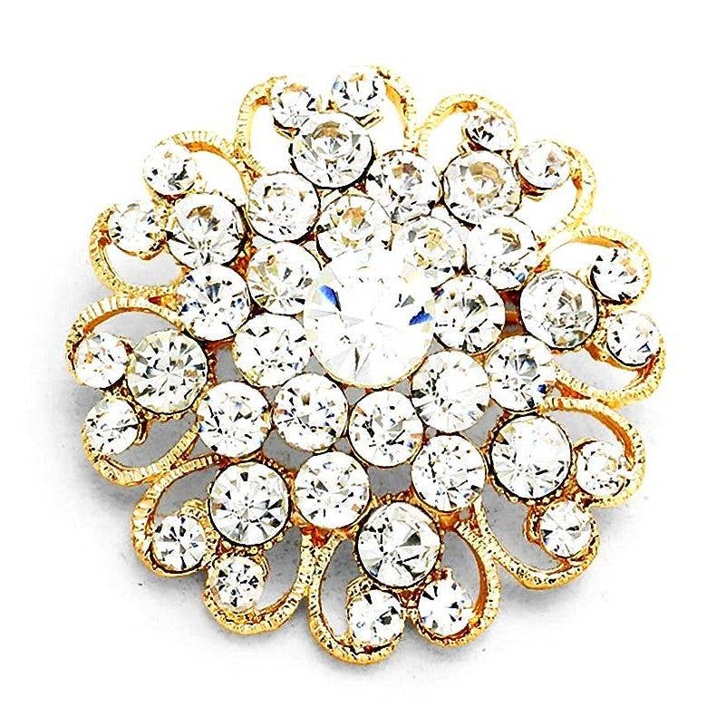 Blooming Flower Rhinestone Brooch Pin: Silver-Fuchsia