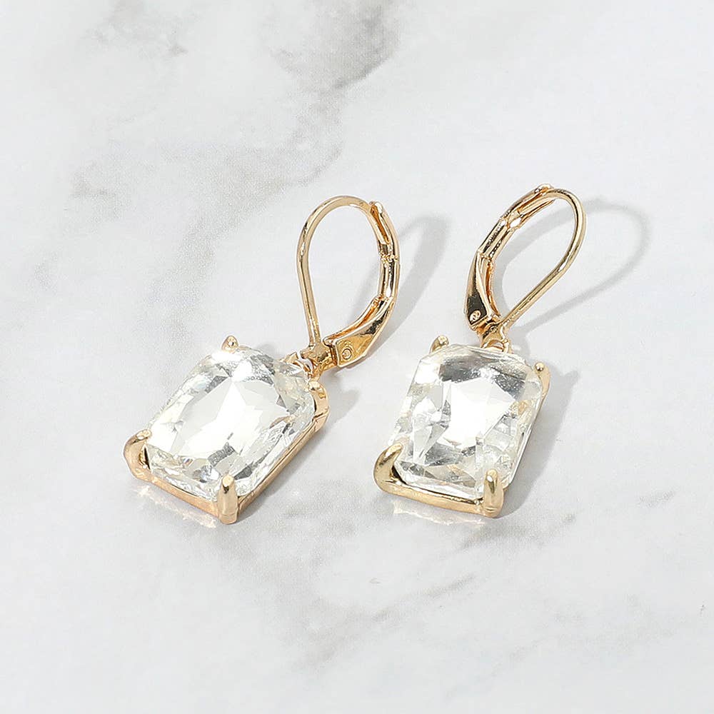 Rectangular Glass Stone Drop Dangle Earrings: Clear,Silver
