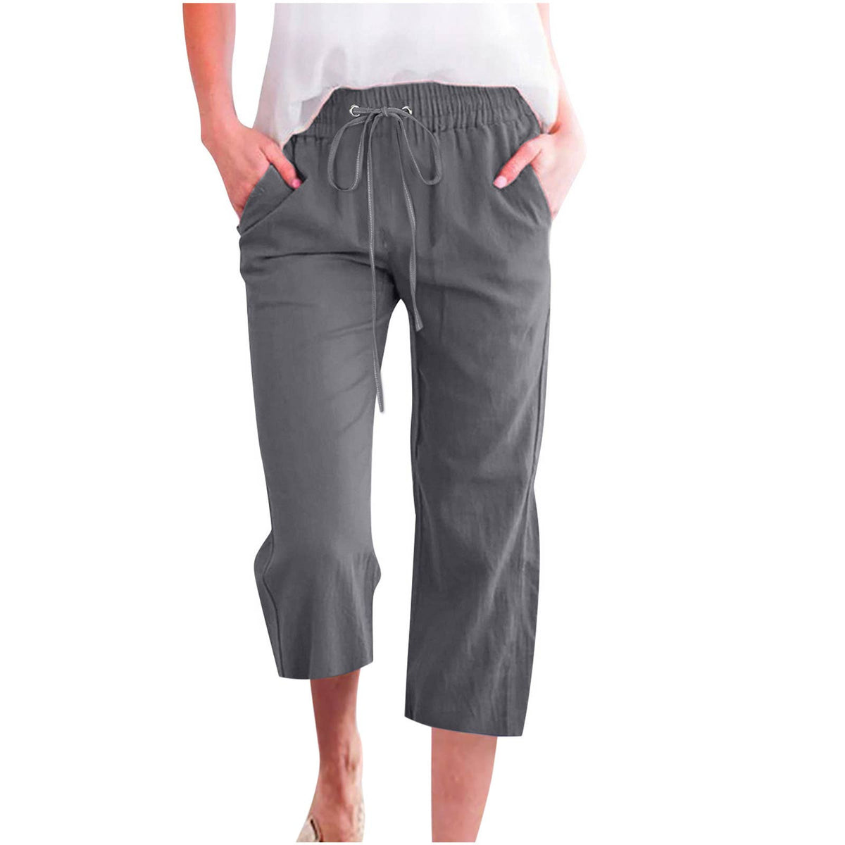 Casual Cropped Pants with Drawstring Waist and Pockets: DarkBlue / L