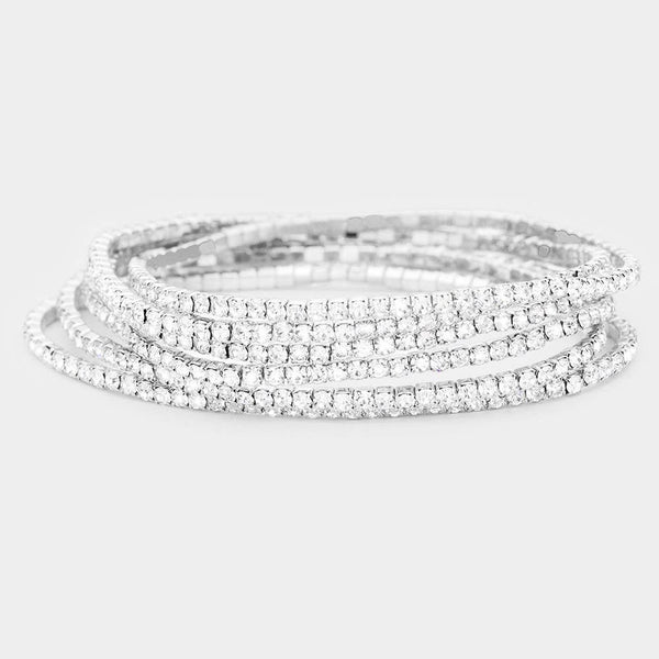 6PCS - Rhinestone Stretch Evening Bracelets: Clear,Silver