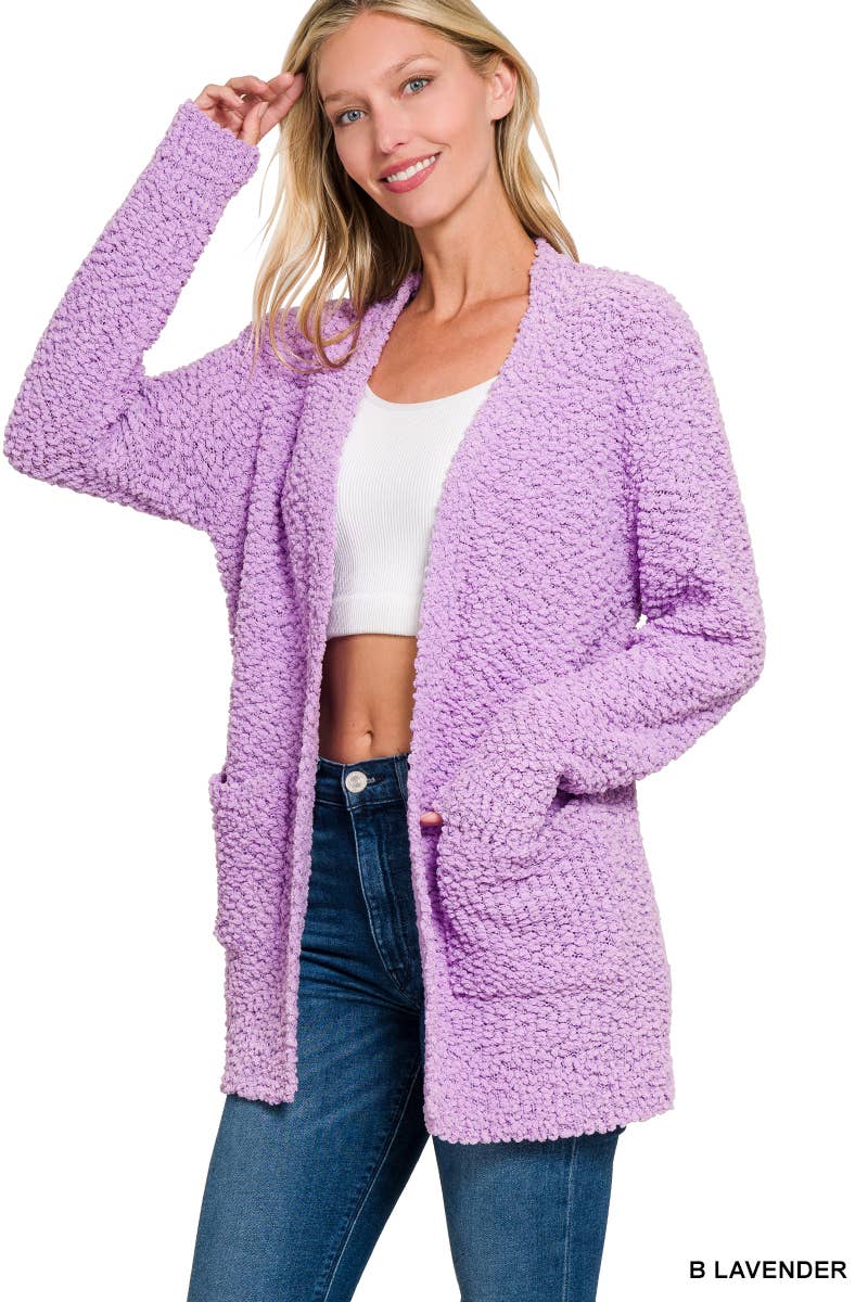 Long Sleeve Popcorn Sweater Cardigan With Pockets: ASH JADE / 1-1-1-1 (S-M-L-XL)