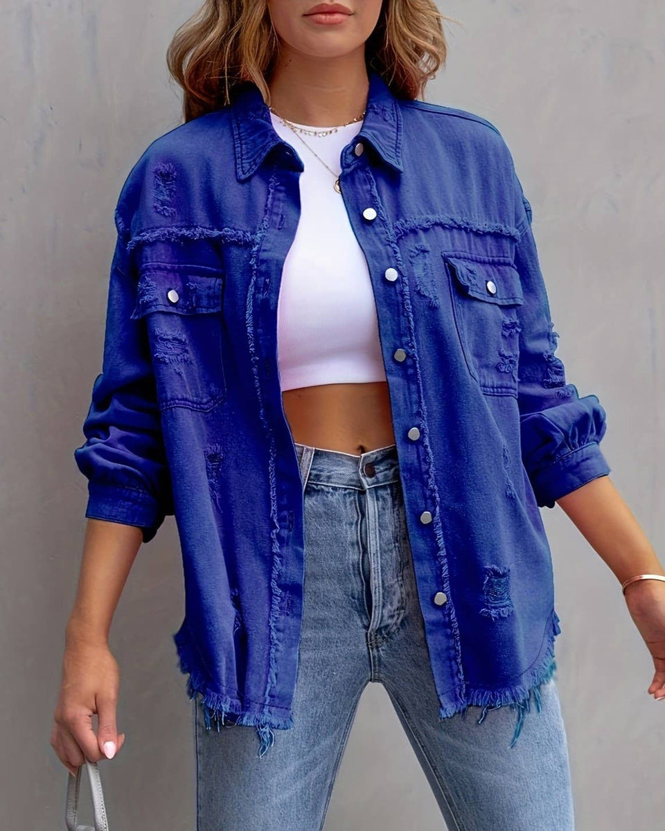 Ripped Loose Denim Jacket: Violet / M