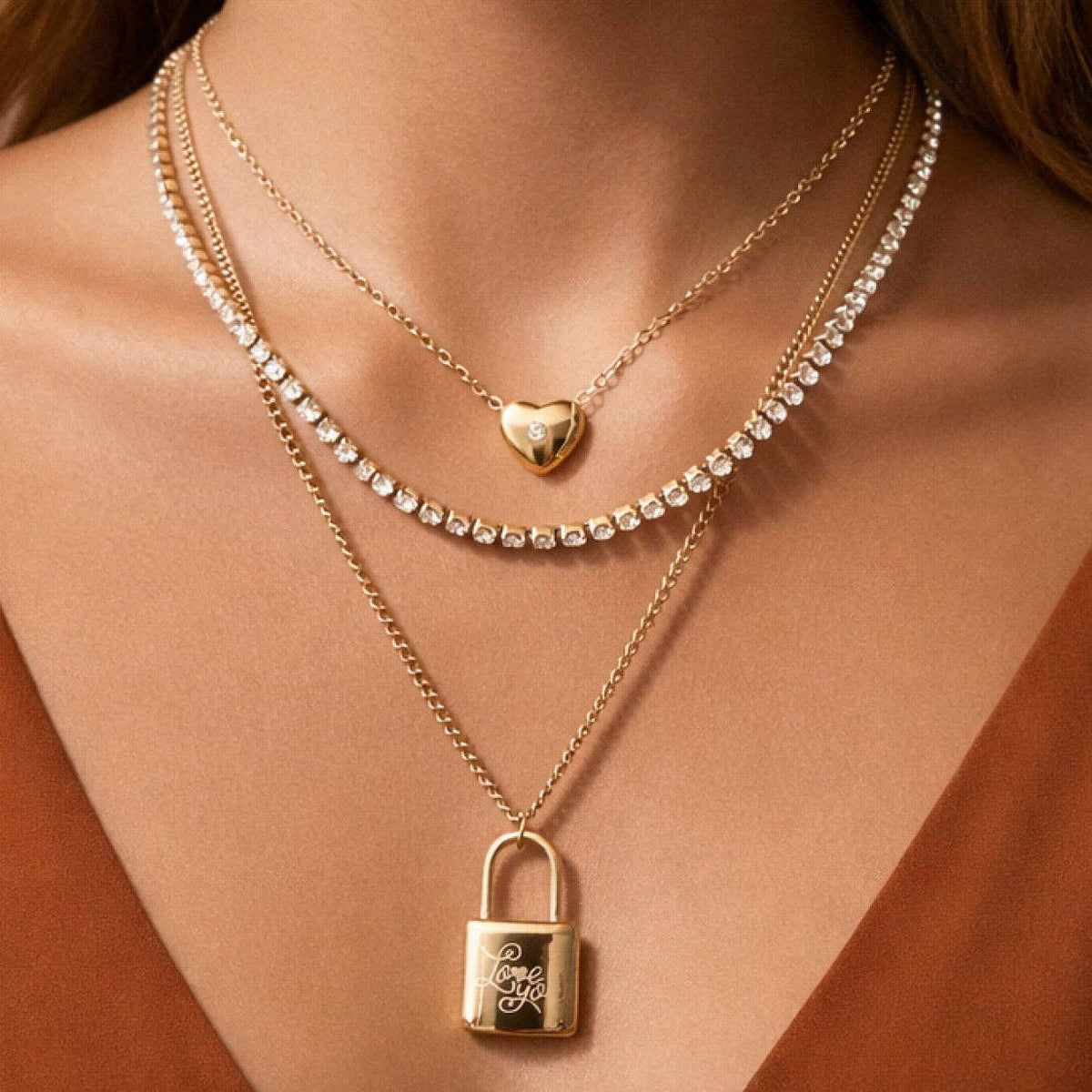 18K Gold Plated Stainless Steel Layered Lock Necklace