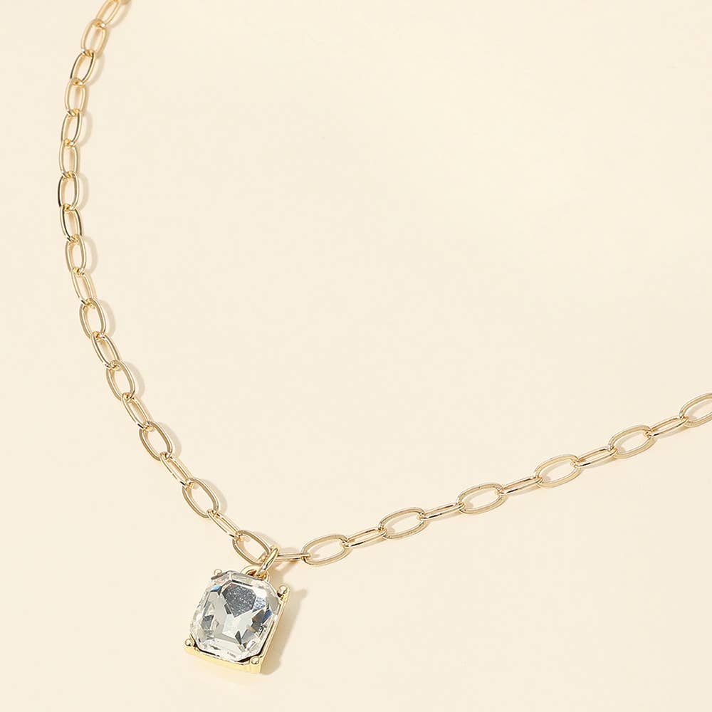Faceted Rectangular Gem Pendant Paperclip Chain Necklace: Clear,Gold