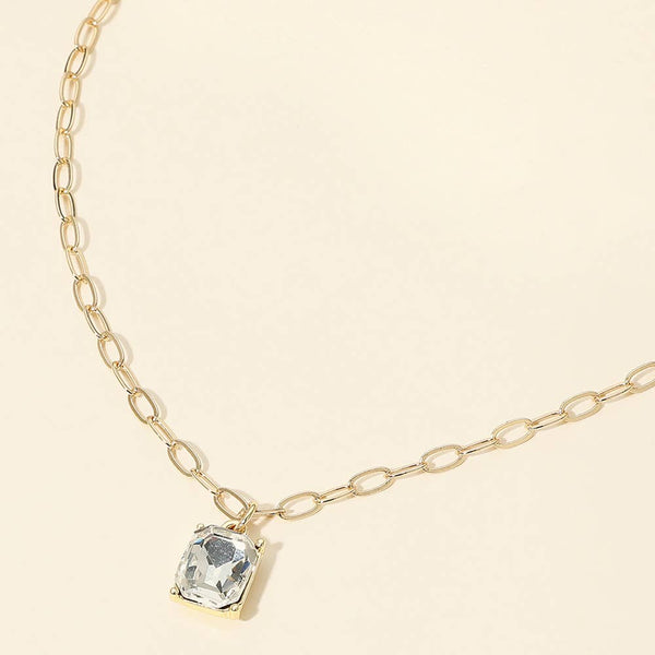 Faceted Rectangular Gem Pendant Paperclip Chain Necklace: Clear,Gold