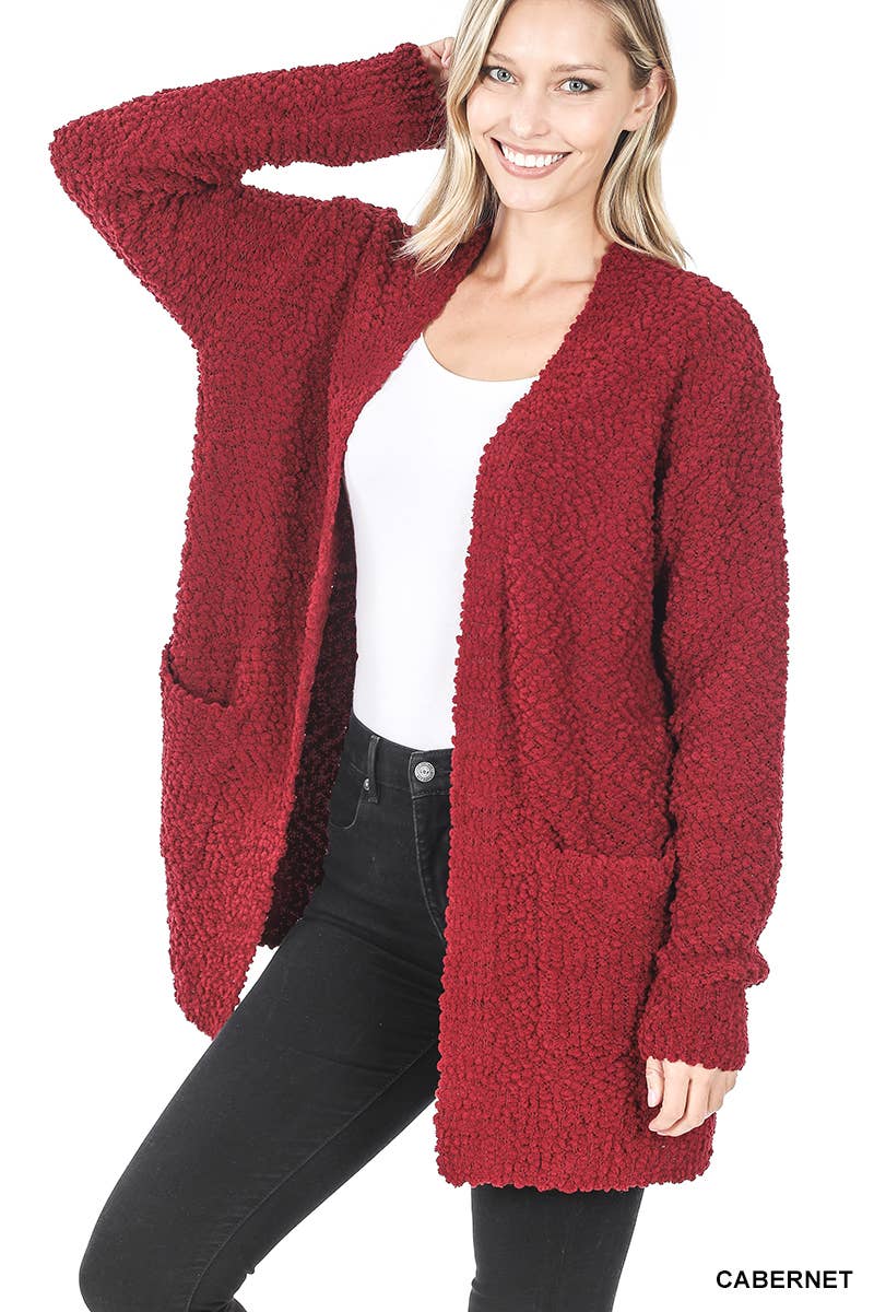Long Sleeve Popcorn Sweater Cardigan With Pockets: ASH JADE / 1-1-1-1 (S-M-L-XL)