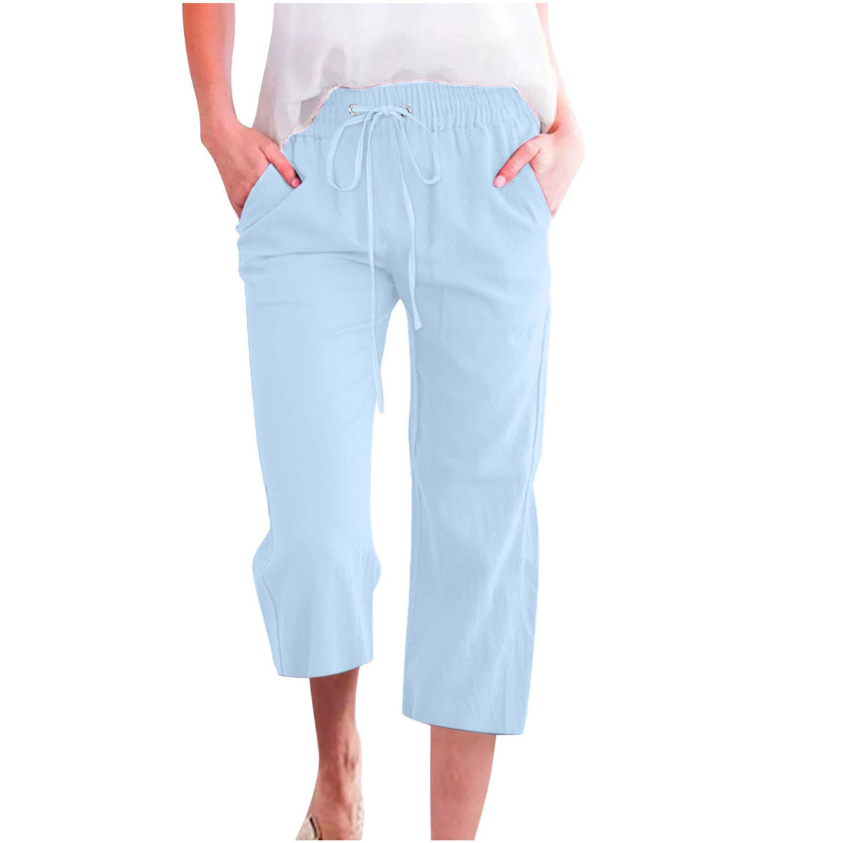 Casual Cropped Pants with Drawstring Waist and Pockets: DarkBlue / L