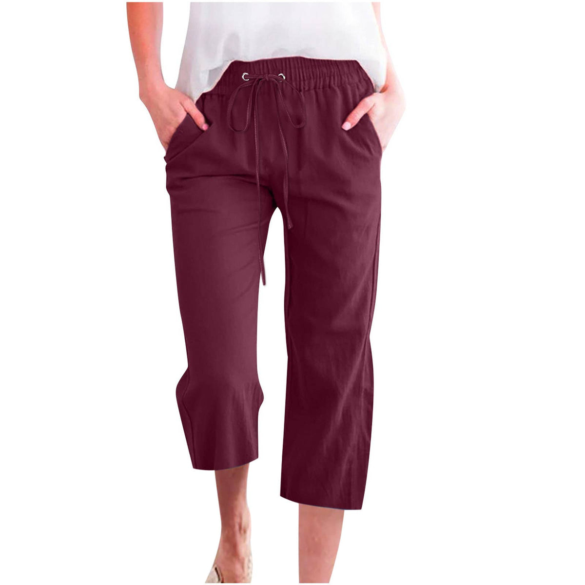 Casual Cropped Pants with Drawstring Waist and Pockets: DarkBlue / L