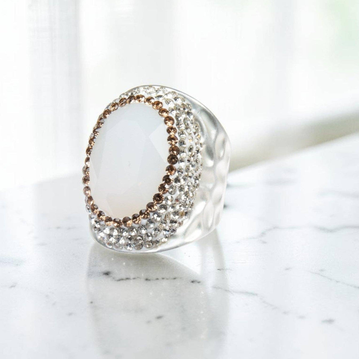 Round Crystal Pavé Cocktail Ring R2531 - White Opal: Black
