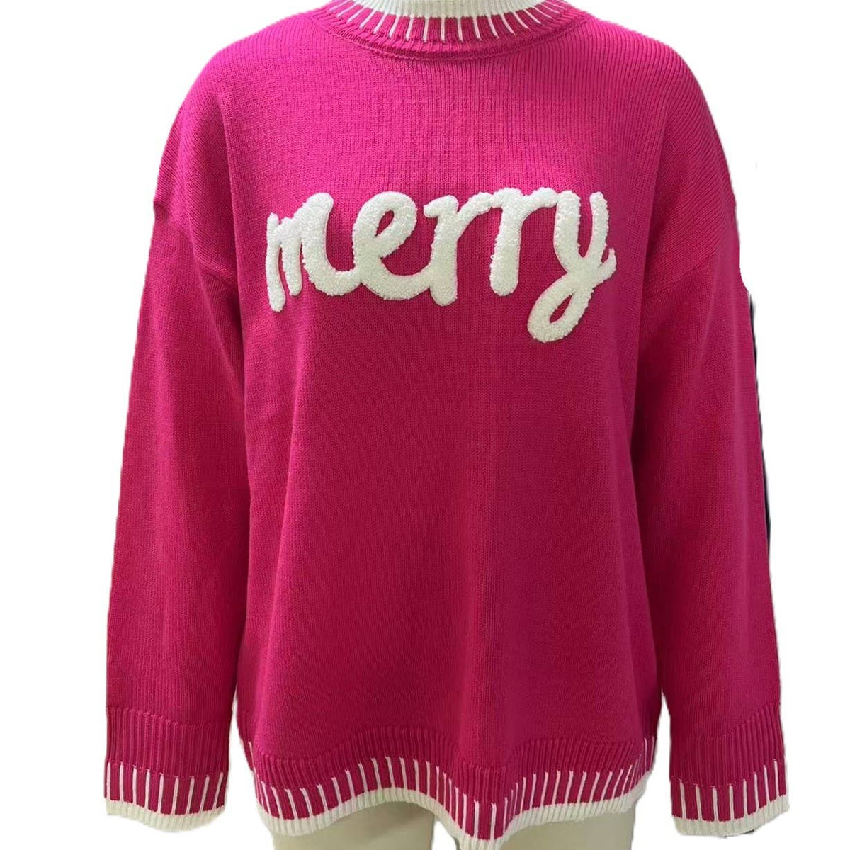 Merry Christmas Contrast Stitch Knit Sweater: RoseRed / L