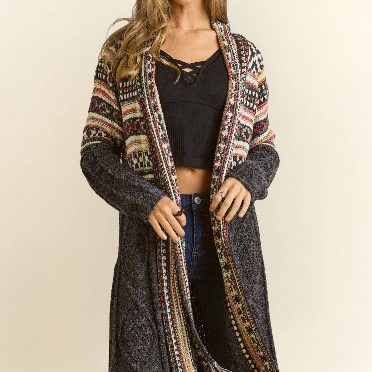 Fringe Hem Aztec Cardigan: RUST / 3-3 (S/M-M/L)