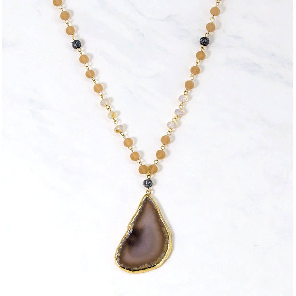 Chunky Glass Beads Necklace with Agate: Gold Beige