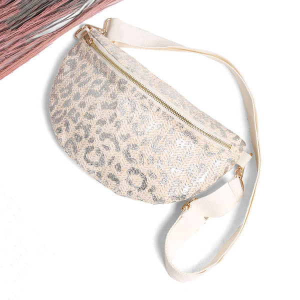 Leopard Pattern Embroidered Crossbody Belt Bag / Fanny Pack: Silver