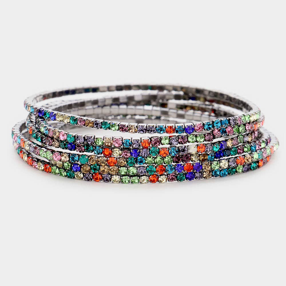 6PCS - Rhinestone Stretch Evening Bracelets: Clear,Silver
