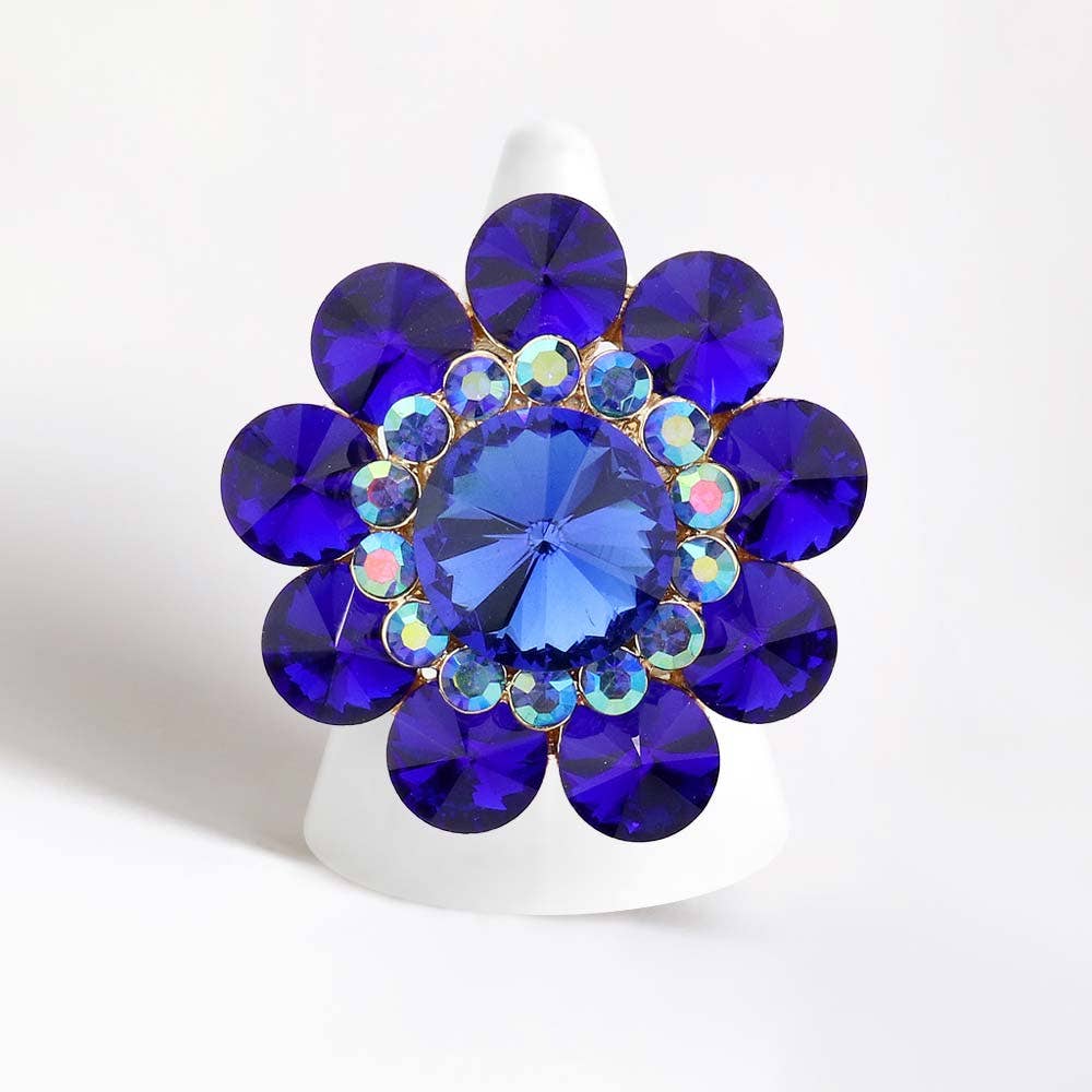 Round Crystal Flower Stretch Ring: Gold