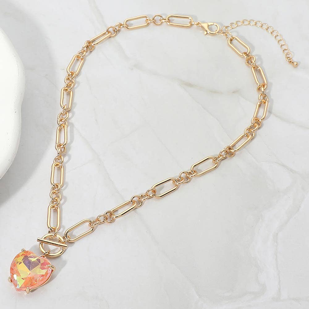 Chunky Heart Stone Cluster Toggle Pendant Necklace: Fuchsia,Neon