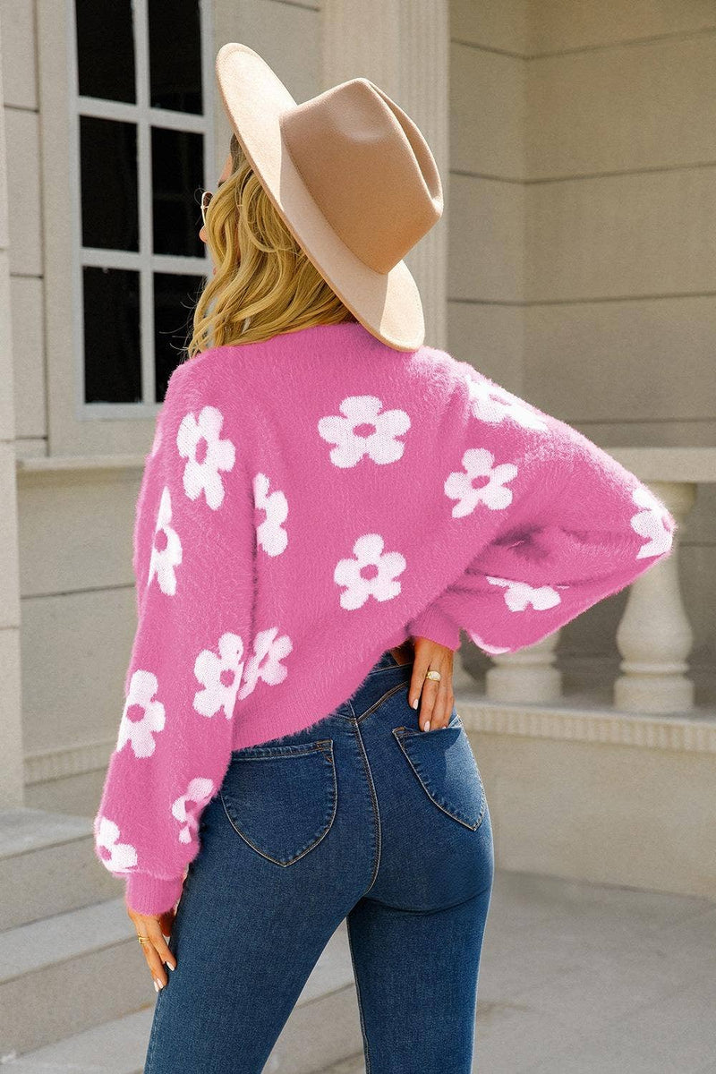 Floral Knit Crop Cardigan - Fuzzy V-Neck Sweater: Hot Pink / Medium