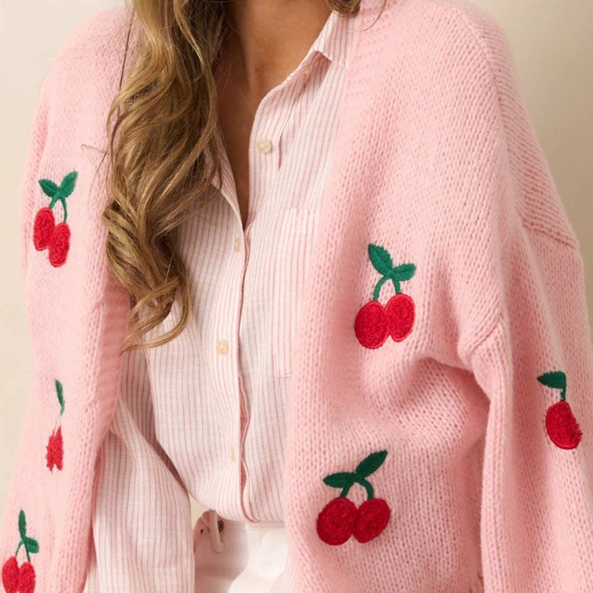 Cherry Embroidery Pink Sweater Cardigan
