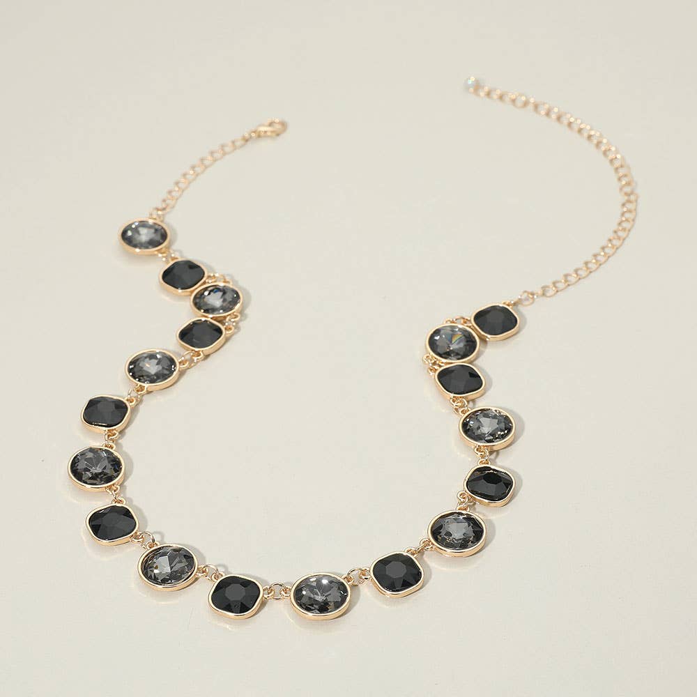 Round Square Stone Bezel Cluster Link Necklace: Clear