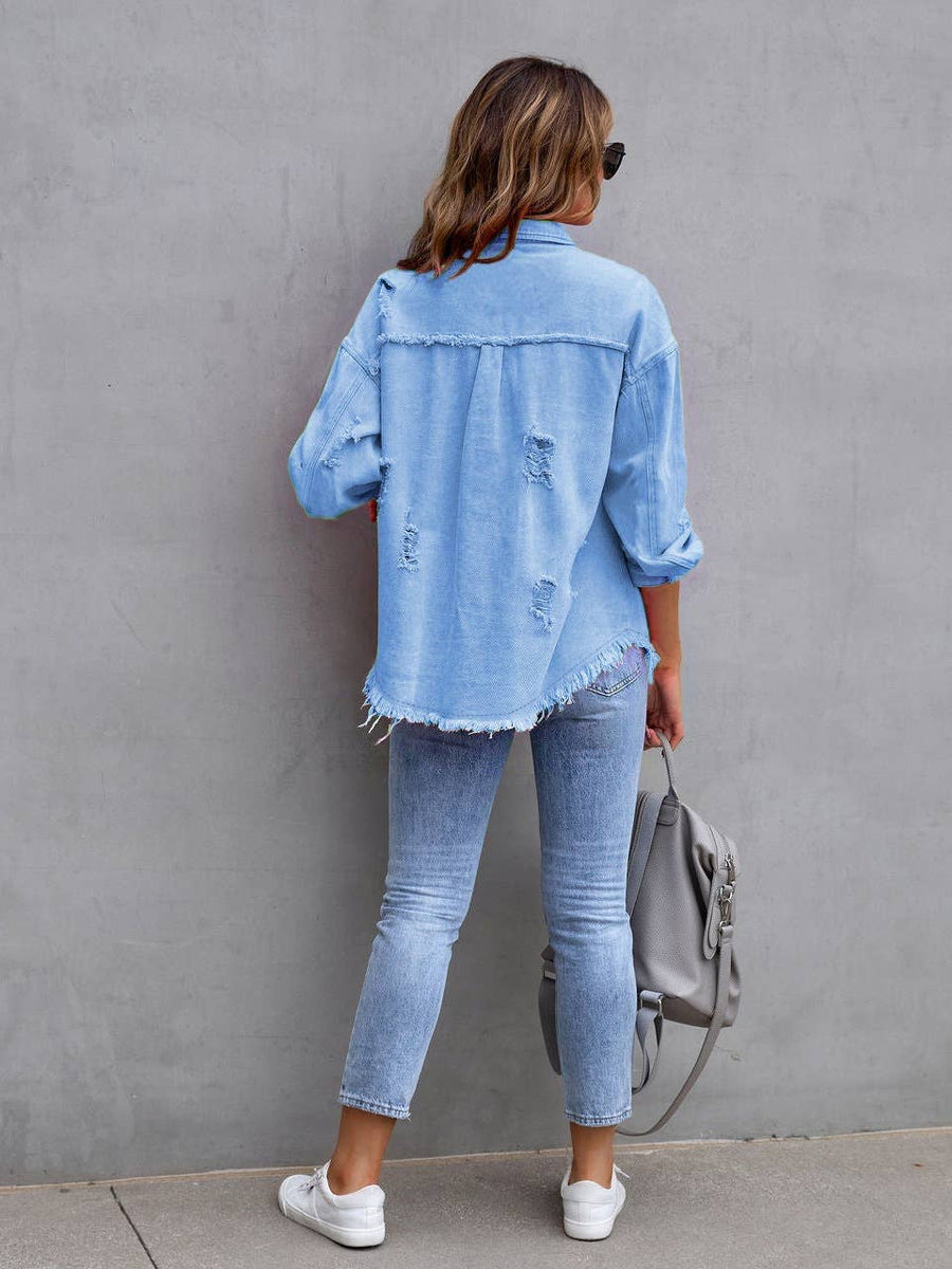 Ripped Loose Denim Jacket: Violet / L
