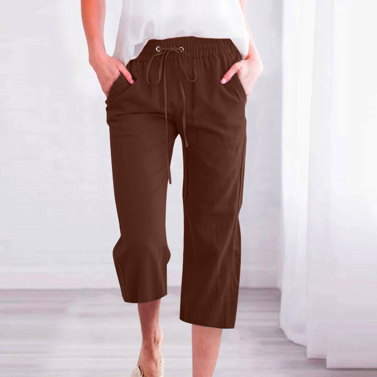 Casual Cropped Pants with Drawstring Waist and Pockets: DarkBlue / L