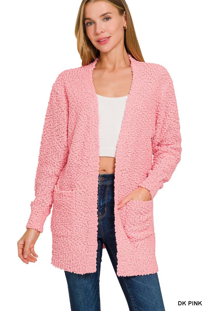 Long Sleeve Popcorn Sweater Cardigan With Pockets: ASH JADE / 1-1-1-1 (S-M-L-XL)
