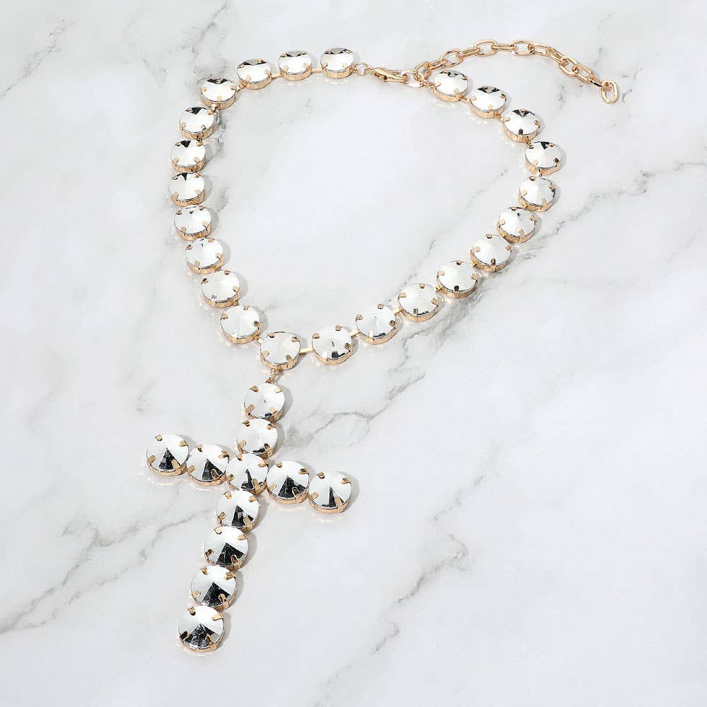 SECRET BOX_Round Crystal Cross Pendant Statement Evening Necklace