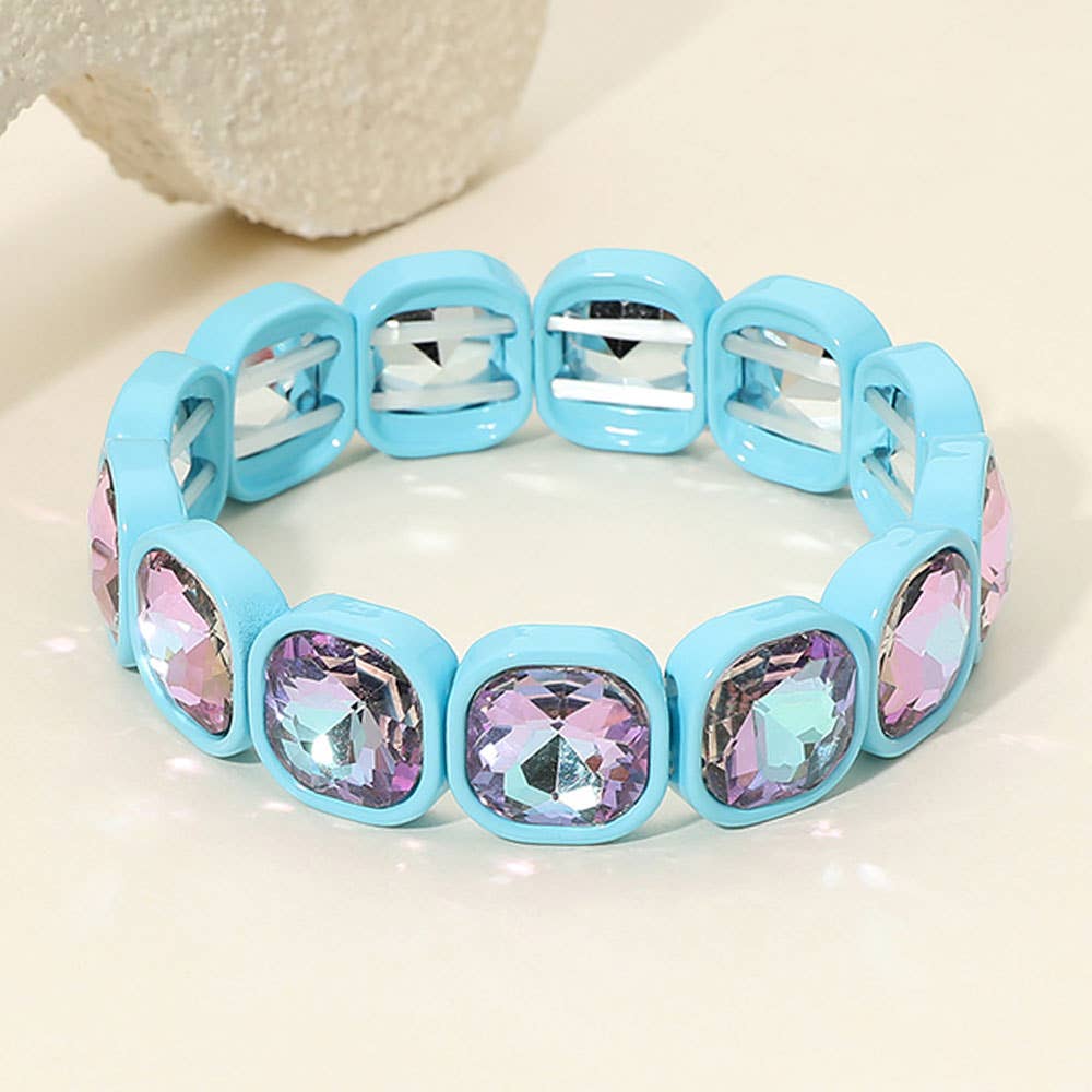 Faceted Cushion Gem Beaded Stretch Bracelet: Blue