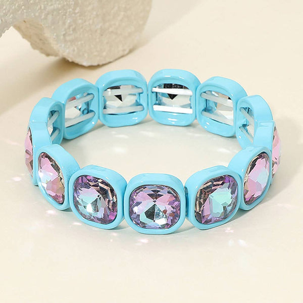 Faceted Cushion Gem Beaded Stretch Bracelet: Blue