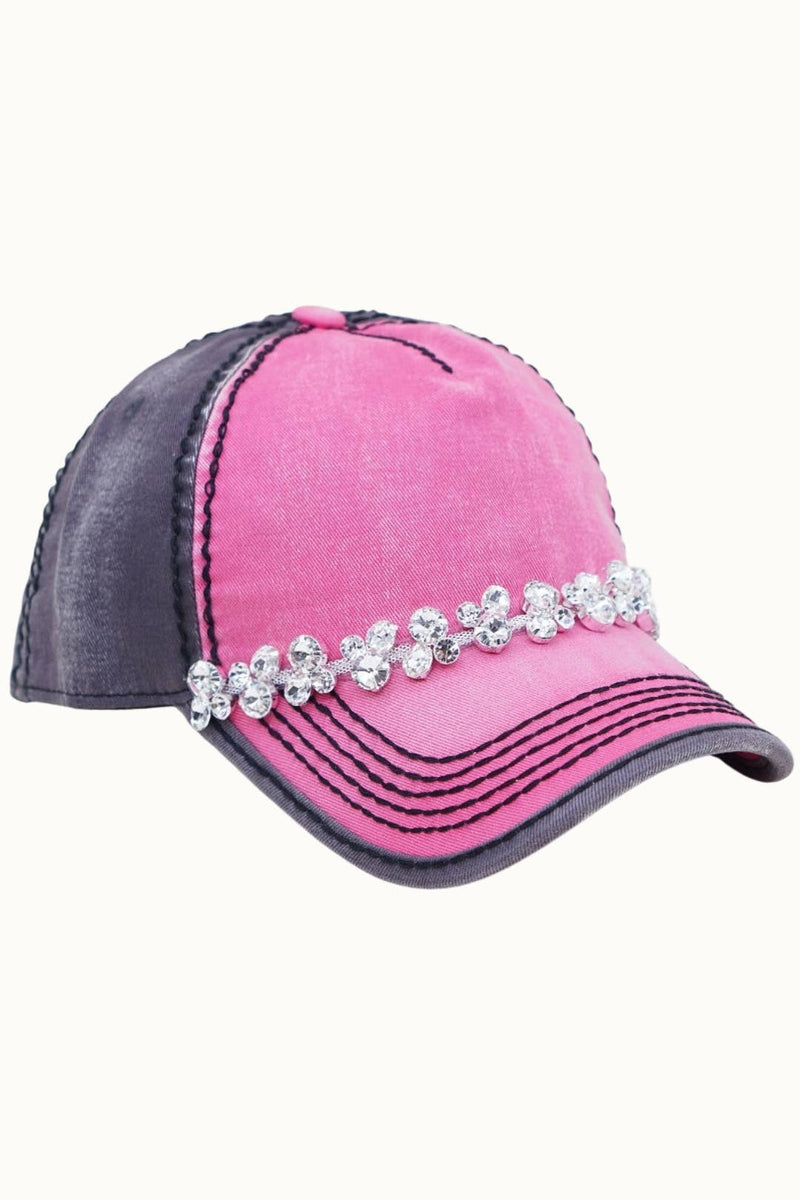 Bejeweled Bling Glitz Two-Toned Cap, Adjustable: Fuchsia/Charcoal