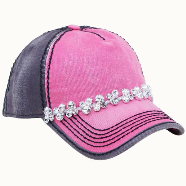 Bejeweled Bling Glitz Two-Toned Cap, Adjustable: Fuchsia/Charcoal