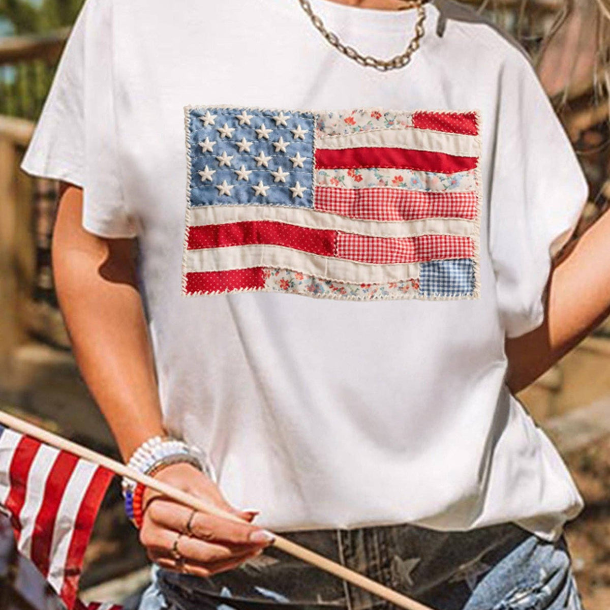 White USA Flag Tee w/flag image faux embroidery