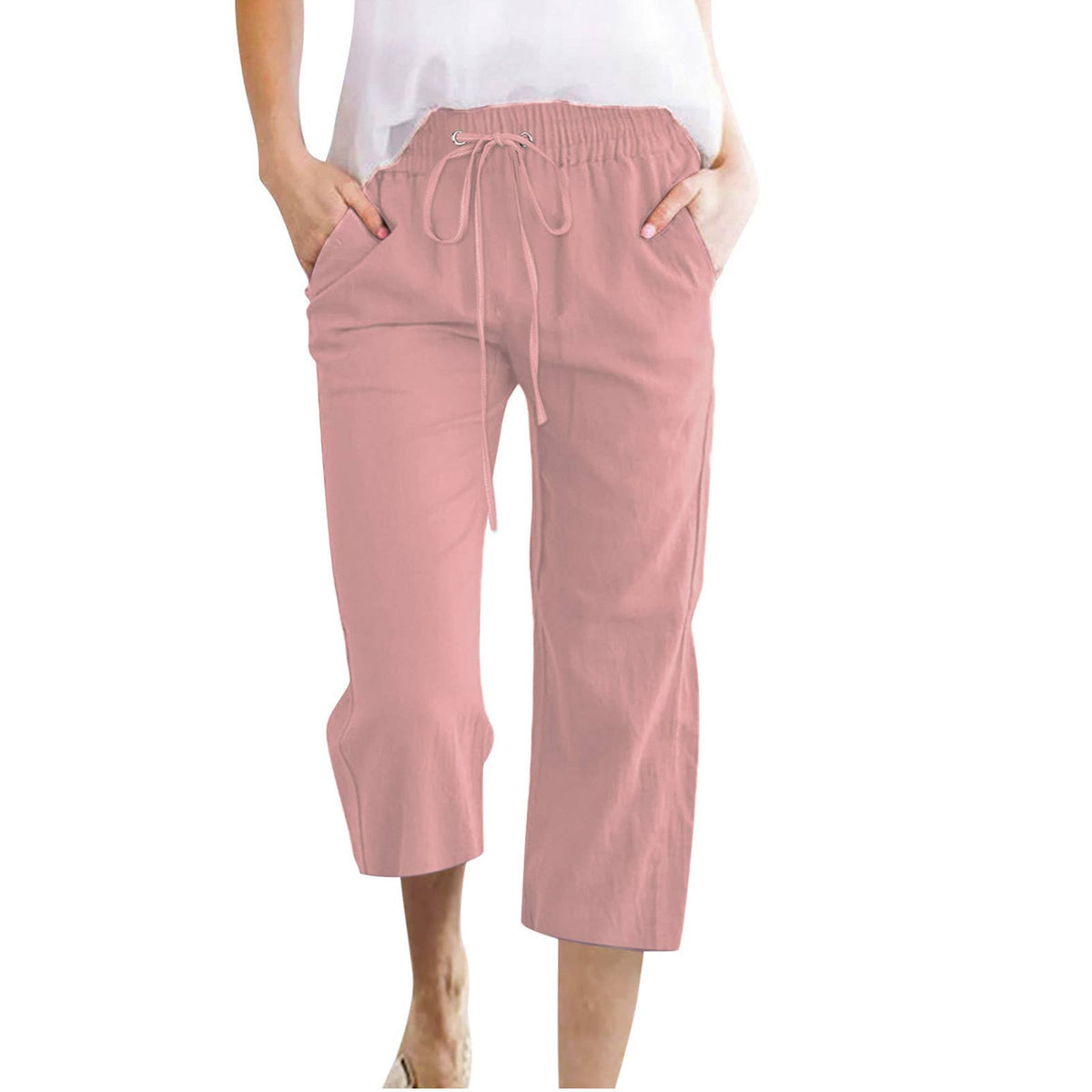 Casual Cropped Pants with Drawstring Waist and Pockets: DarkBlue / L