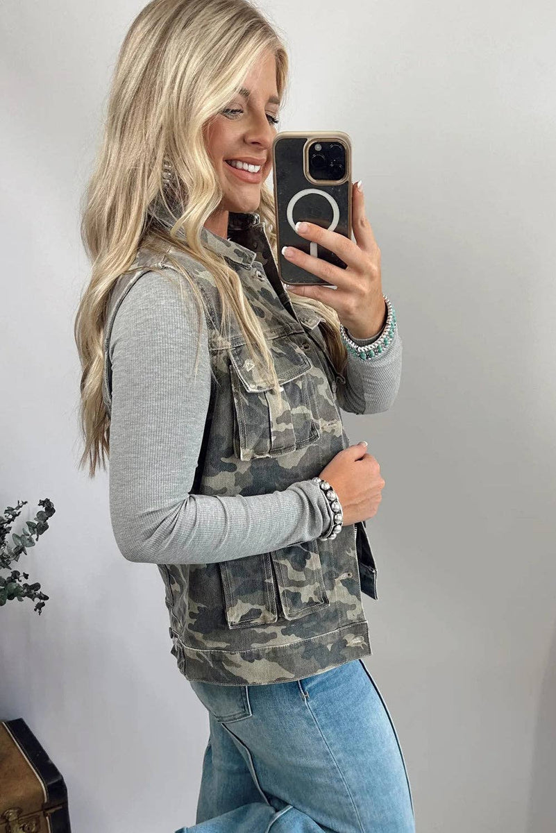 Camo Vest Utility Cargo Denim with Button Front Pockets