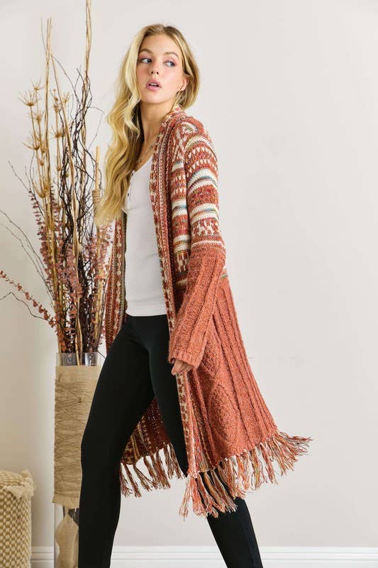 Fringe Hem Aztec Cardigan: RUST / 3-3 (S/M-M/L)