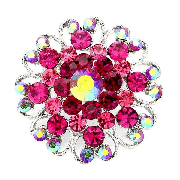 Blooming Flower Rhinestone Brooch Pin: Silver-Fuchsia