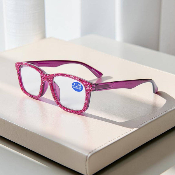 Handmade Rhinestone Rectangle Reader Glasses G0540-Purple-1: Purple-1 / +1.50