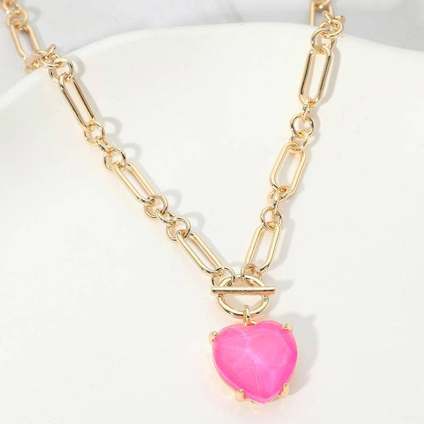 Chunky Heart Stone Cluster Toggle Pendant Necklace: Fuchsia,Neon