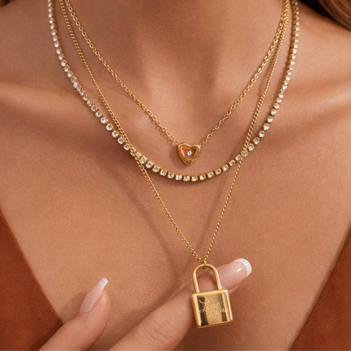 18K Gold Plated Stainless Steel Layered Lock Necklace