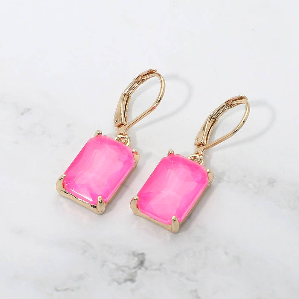 Rectangular Glass Stone Drop Dangle Earrings: Clear,Silver