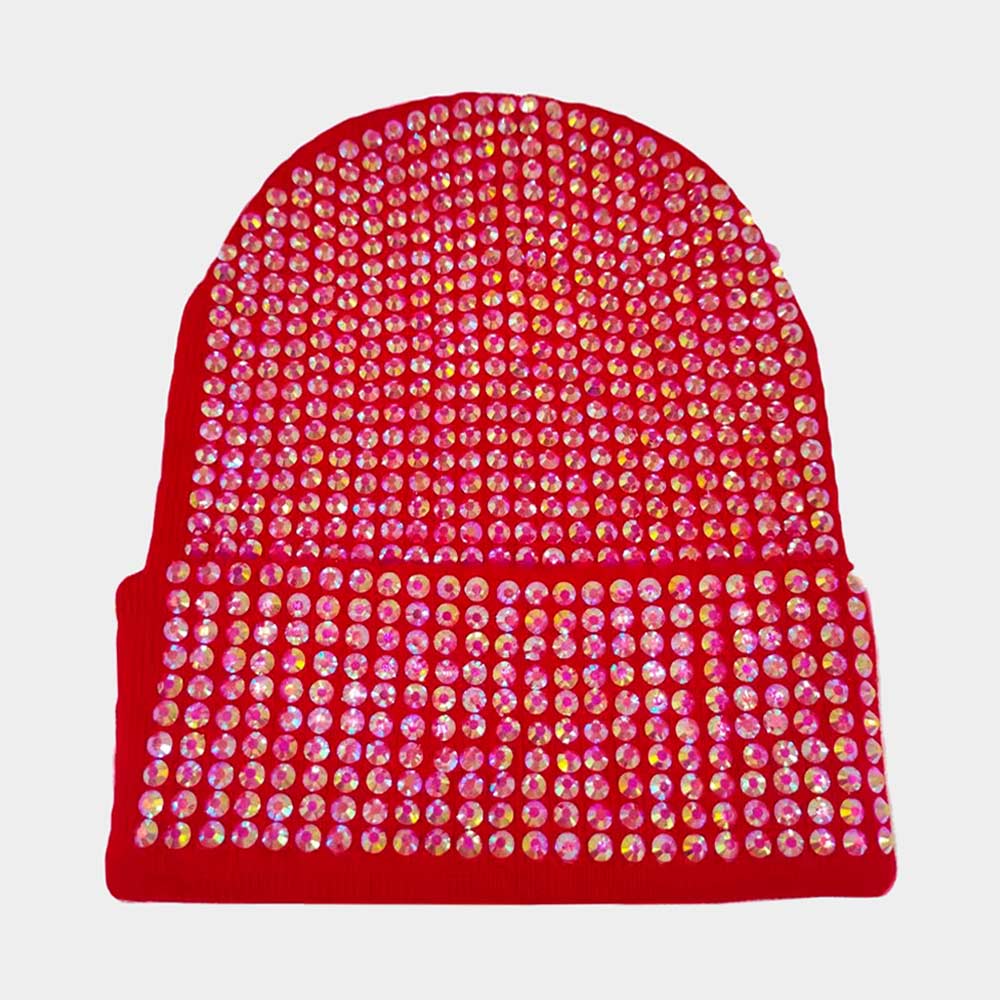Studded Solid Knit Beanie Hat: Red