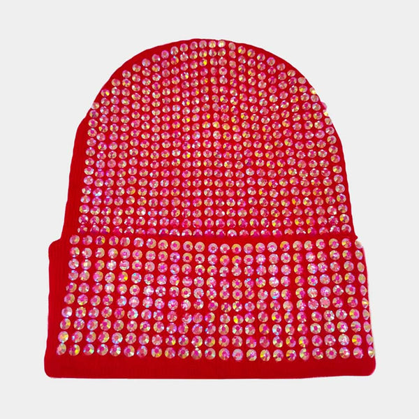 Studded Solid Knit Beanie Hat: Red