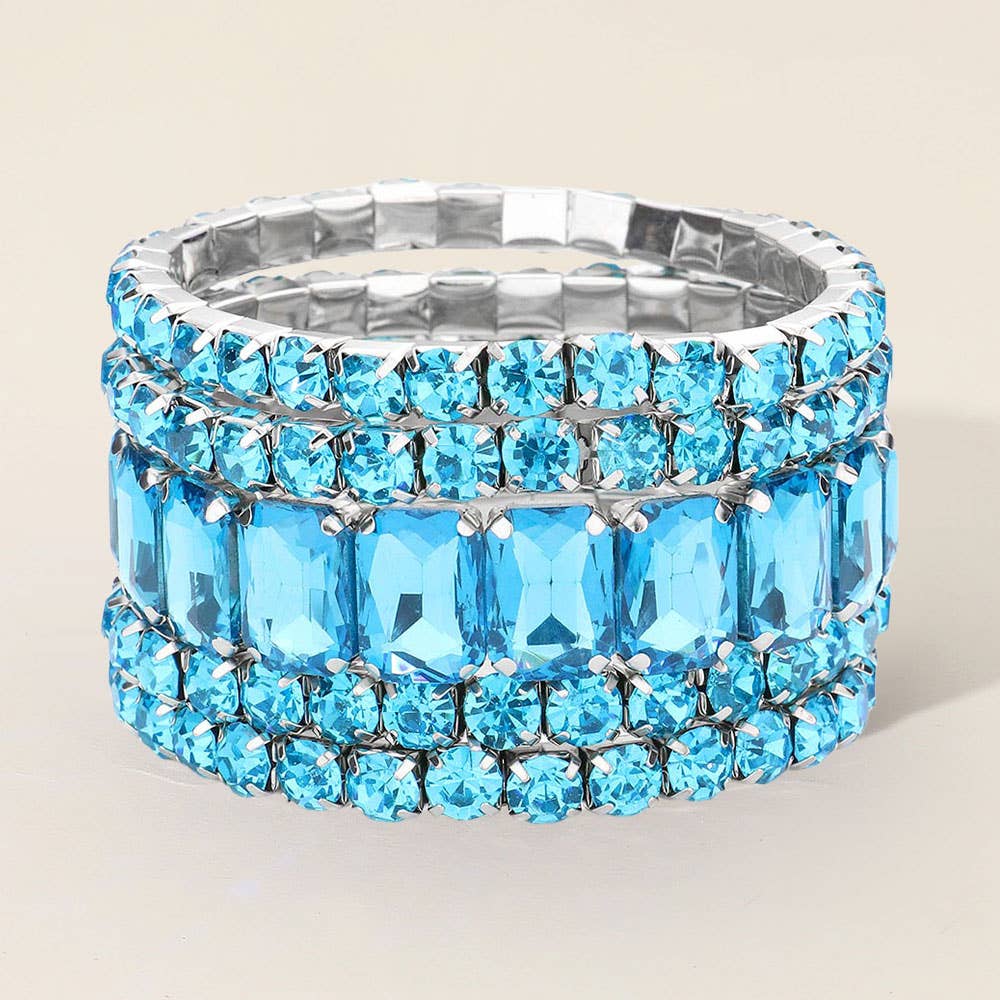 5PCS - Emerald Cut Round Stone Stretch Evening Bracelets: SILVER AB