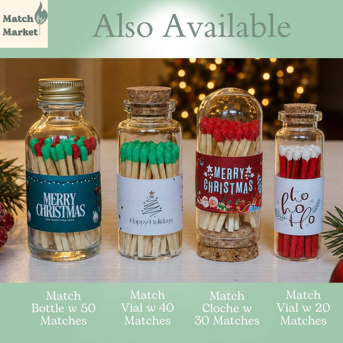 Christmas / Holidays Glass Cloche Matches | 30 Matches: Merry Christmas Red / Candy cane