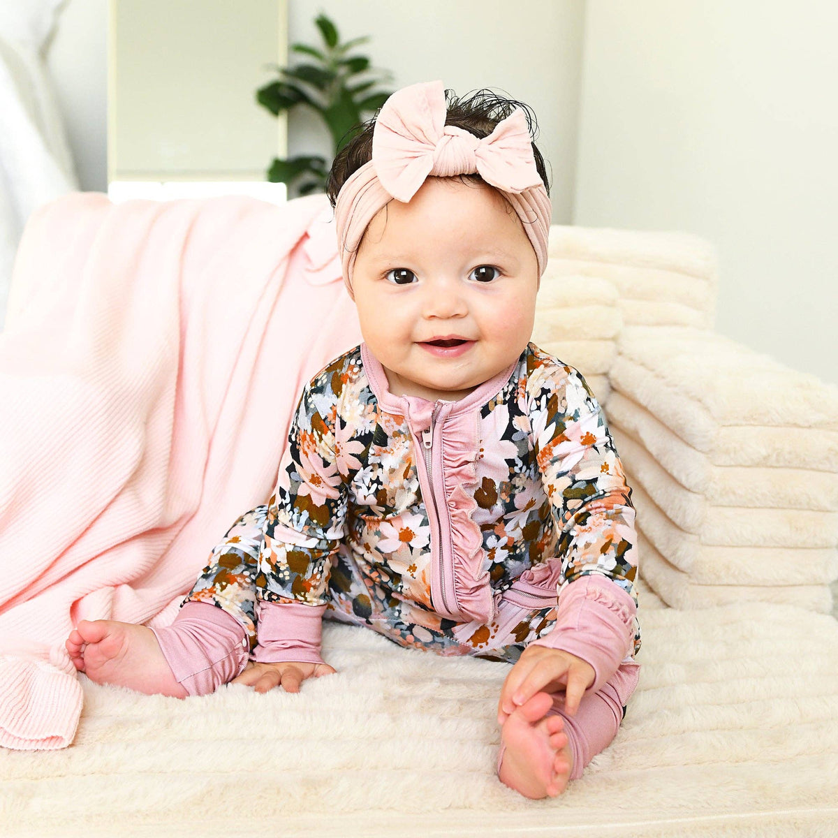 Palmer RUFFLE ZIP Bamboo Floral One Piece Baby Outfit: 6-12m